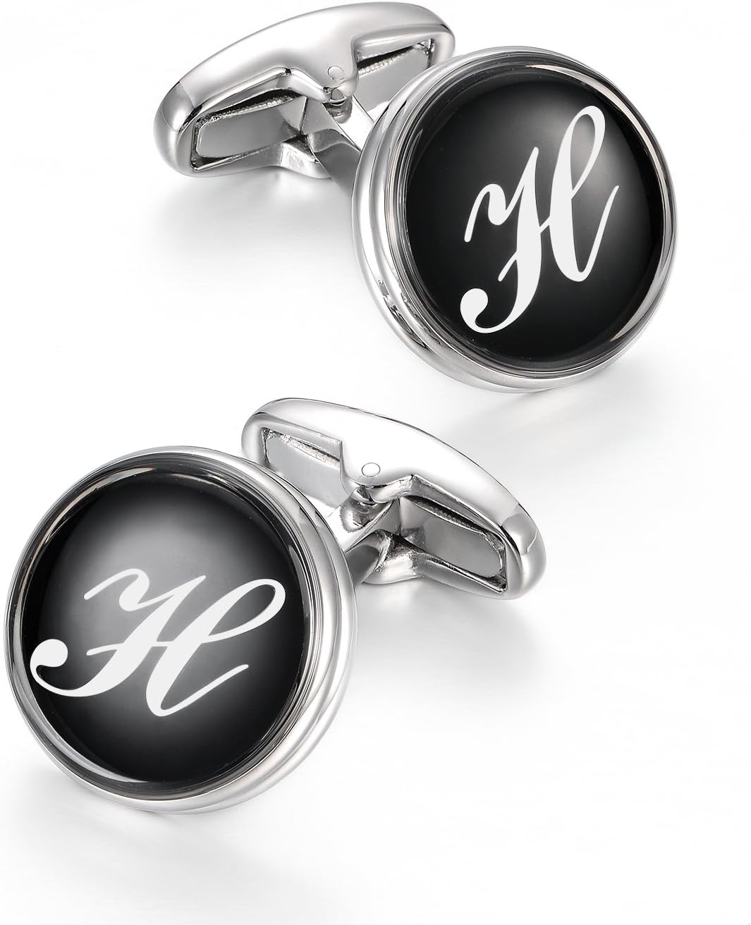 Merit Ocean Initial Cuff Links Mens Silver Round Letter Alphabet Rhodium Plated Cufflinks for Men Suit Shirt Wedding Business A-Z