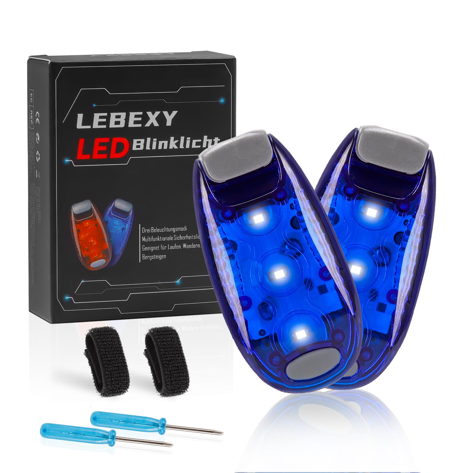 LEBEXY LED Flashing Safety Light 2PCS | Three Light Modes | Safety Light for Children's School Bags | Ideal Safety Warning Light for pushchairs, Cycling, Hiking, Camping, Pets, Blue