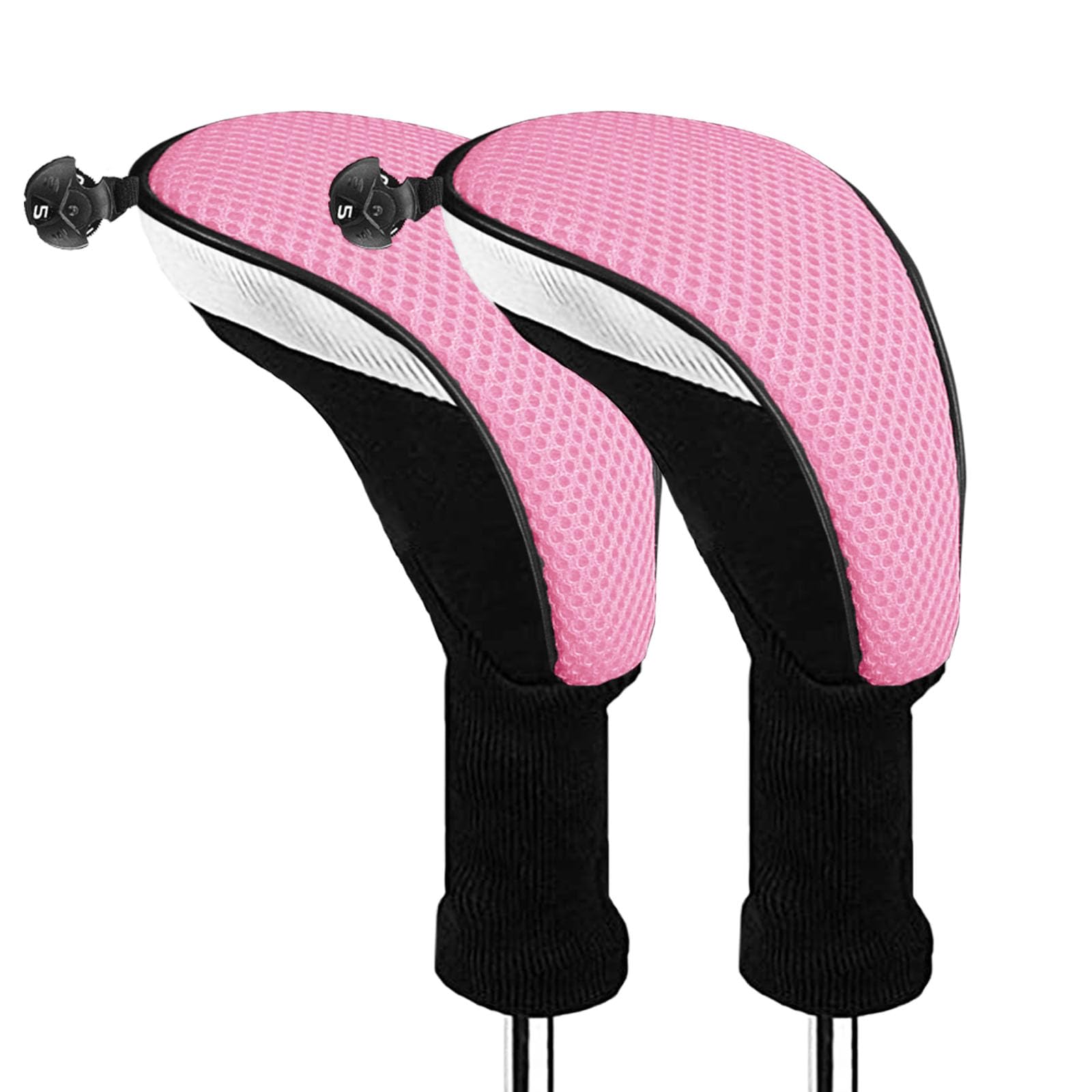 FINGER TEN Golf Club Head Covers Woods Hybrids Long Cover, Headcovers with Interchangeable No. Tags Fit All Hybrids Wood Clubs Light Durable (Pink-2 Pack Hybrid Covers)