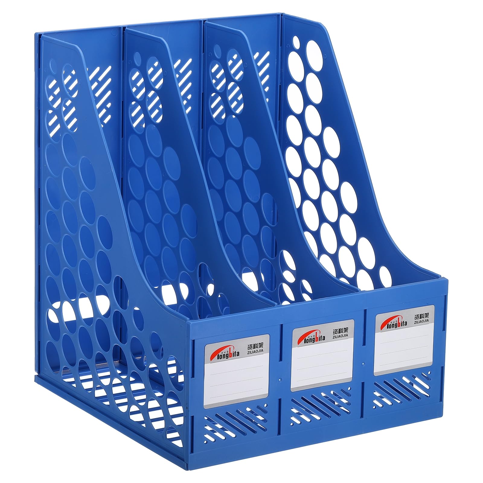 PATIKIL Magazine File Holder, PS Plastic Vertical 3 Compartment Desktop File Book Newspaper Notebook Storage Rack Bookshelf Folder Organizer for Office, Blue