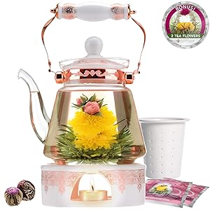 Teabloom Buckingham Palace Teapot & Flowering Tea Gift Set (6 Pieces) - Stovetop Safe Glass Teapot (40oz/1200ml), Porcelain Lid, Tea Warmer, Porcelain Loose Tea Infuser, 2 Gourmet Rose Blooming Teas
