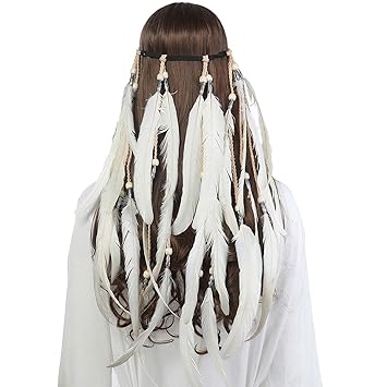 AWAYTR Feder Kopfschmuck Boho Hippie Stirnband - Fancy Federschmuck Böhmische Kopfbedeckung Quaste für Damen Mädchen Karneval Kopfschmuck, Beige, Einheitsgröße