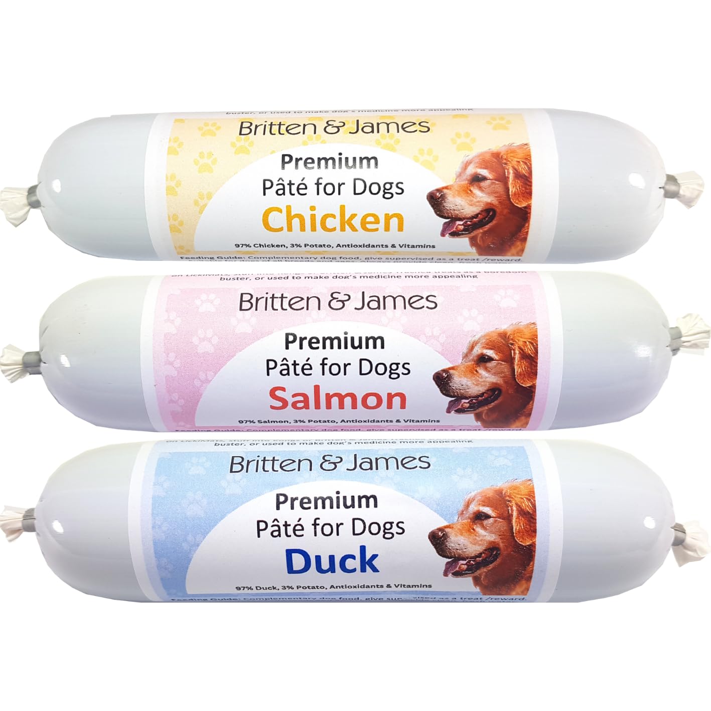 Britten & James Premium Pate for Dogs. Variety Pack of Chicken, Salmon and Duck (3 x 200g) - Pure, Natural and Delicious - a Perfect Training Treat