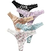 SHENHE Women's 5 Pack Floral Print Thongs Underwear Contrast Lace Cute Bow Panties
