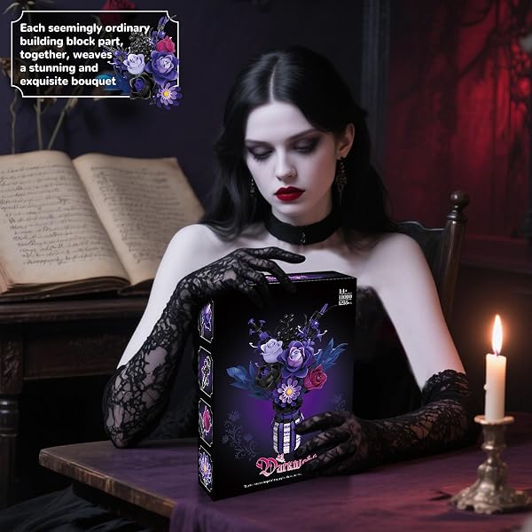 ZONECYTD FLOWERS BOUQUET BUILDING SET ROSES PURPLE BOTANICAL COLLECTION GOTHIC GIFTS FOR MOTHERS DAY FOR WOMEN ADULTS GIRLS 14+ HOME OFFICE DECOR