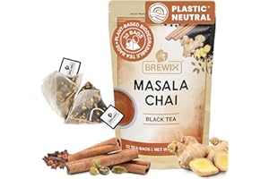 BREWIX, Masala Chai Tea Bags (22 Pyramid Tea Bags) Strong, Robust & Spicy - Pure Ingredients | Black Tea, Cinnamon, Ginger, Black Pepper, Cardamom & Cloves, Packed in Resealable Ziplock Pouch