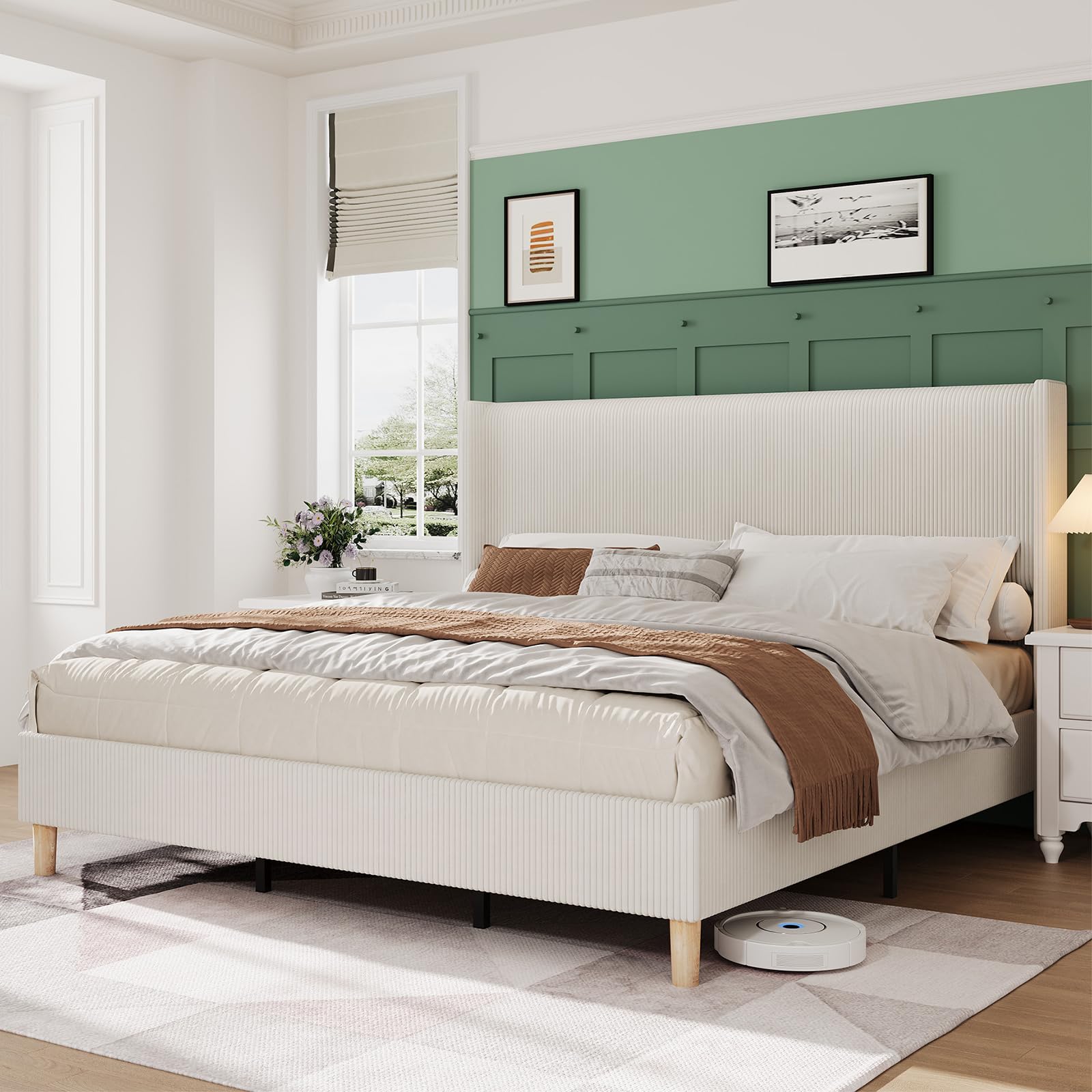 Photo 1 of ****FACTORY SEALED***Garvee Queen Size Bed Frame, Corduroy Upholstered Queen Bed Frame with Wingback Headboard, No Box Spring Needed, Solid Wooden Slats, Noise Free, Beige