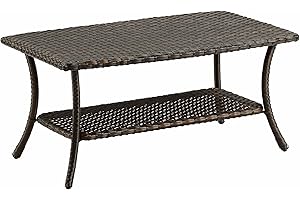 Pugire Patio Table Outdoor Coffee Tables - Rattan Wicker Coffee Table with 2-Tier Storage Shelf Rectangle for Outdoor Patio Porch Deck Balcony Garden(Brown/Wicker Top)