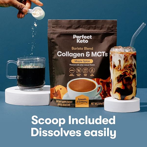 PERFECT KETO BARISTA BLEND COLLAGEN COFFEE CREAMER POWDER WITH MCT OIL, DAIRY FREE, LOW SUGAR, GRASS FED HEALTHY CREAMER FOR KETOGENIC DIET, ENERGY AND HEALTHY SKIN, HAIR AND NAIL SUPPORT, MAPLE SPICE