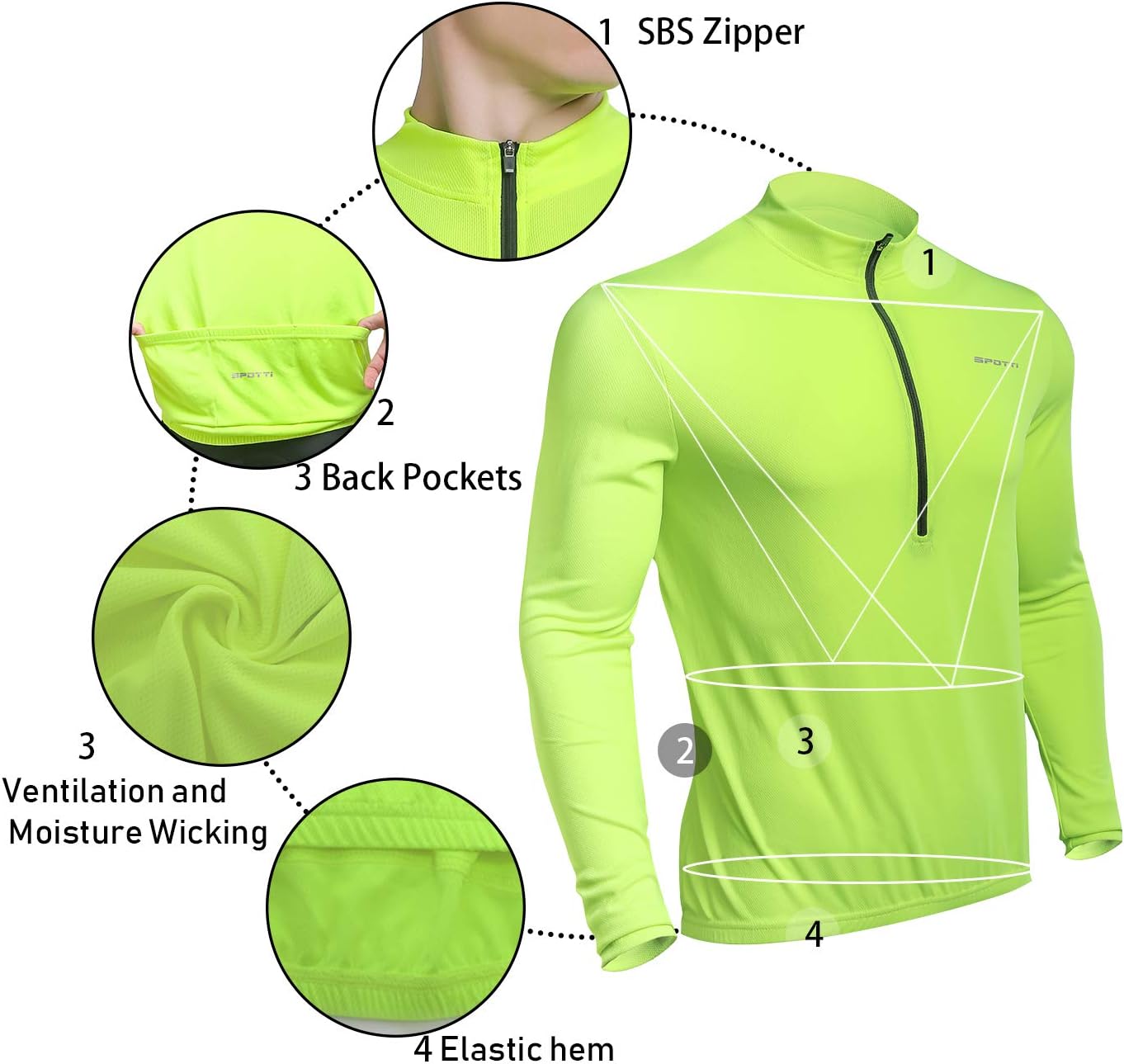 Spotti Men's Cycling Bike Jersey Long Sleeve with 3 Rear Pockets - Moisture Wicking, Breathable, Quick Dry Biking Shirt : Clothing
