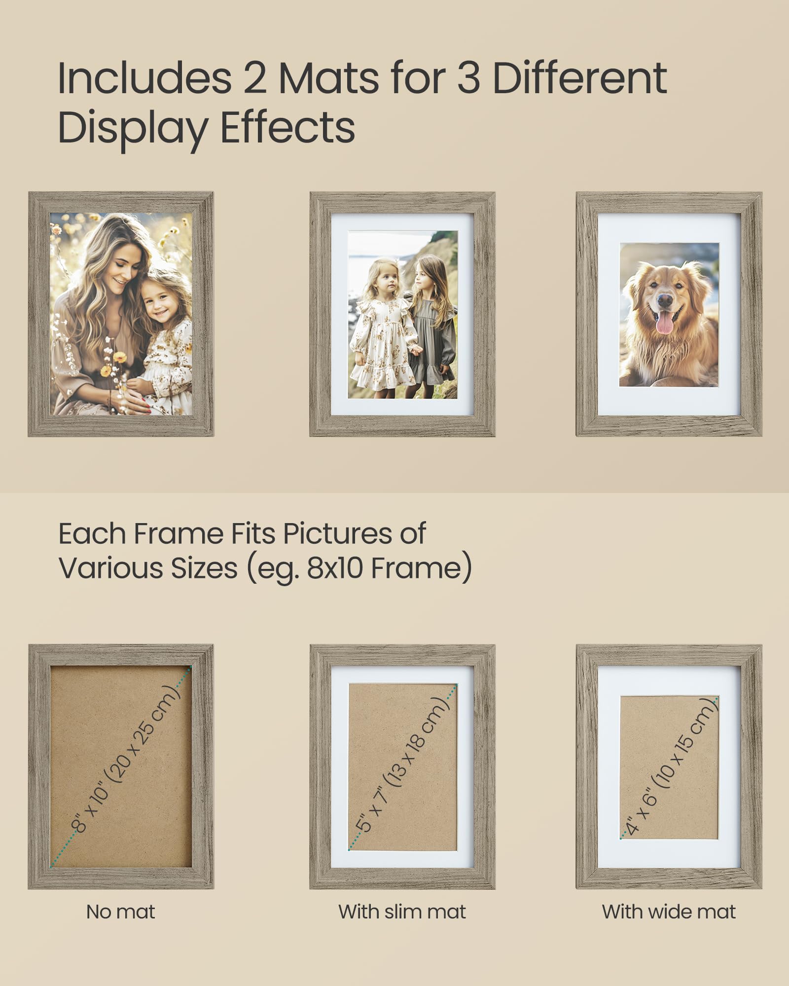 SONGMICS Picture Frames with 16 Mats, Set of 10 Collage Photo Frames, Two 8x10, Four 5x7, Four 4x6 Frames, Hanging or Table Display, Glass, 12 Non-Trace Nails, Maroon Brown, Heather Greige, Ash Black