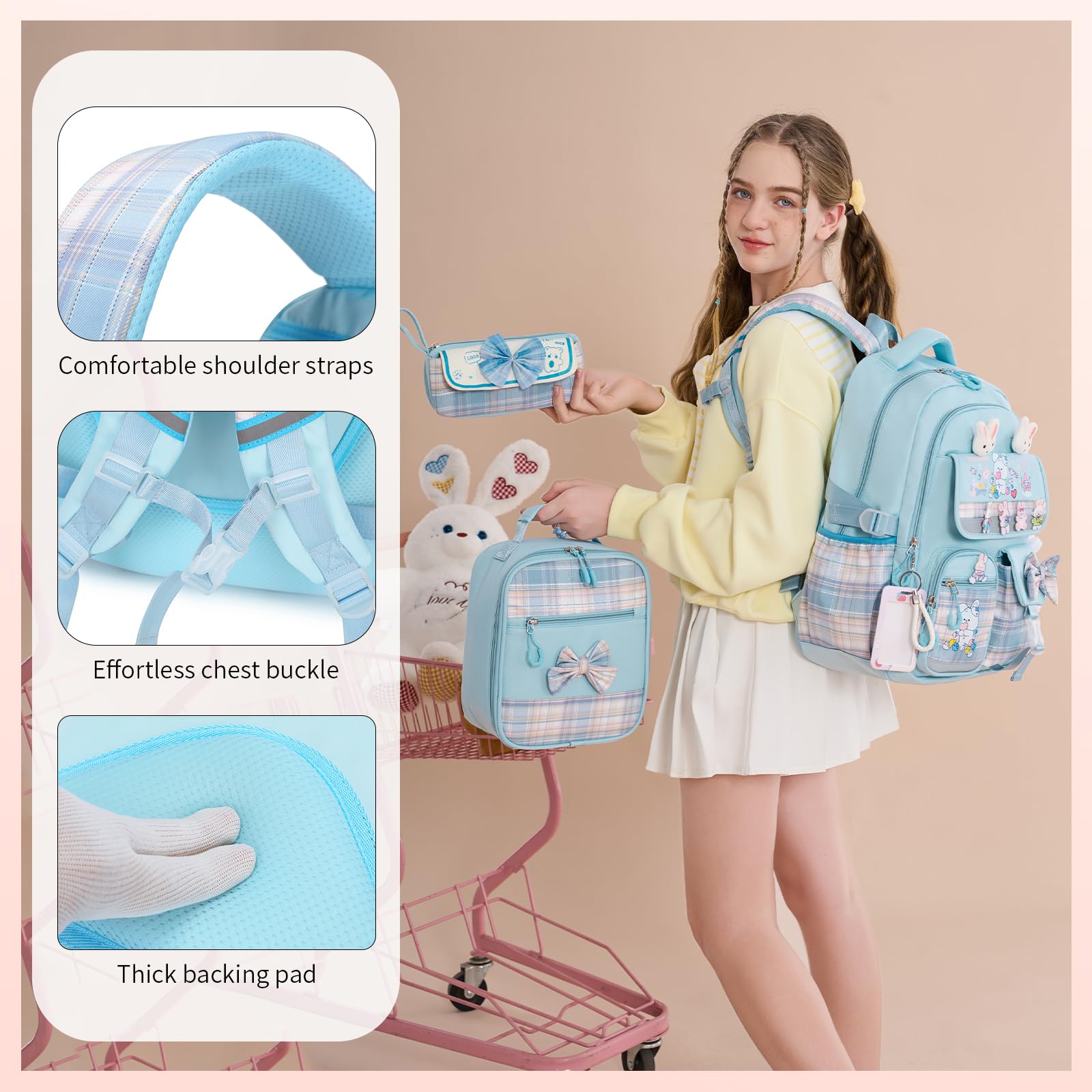 CYOQX Girls Backpack 3pcs School Backpack with Lunch Box Teen Girl Backpack Set Cute Kids School Bag Bookbag for Teen Girls