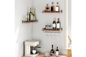 HOOBRO Wine Rack Wall Mounted 3 Pack, Wine Shelf Hanging Floating Wall Shelves, Wine Glass Bottle Rack Stemware Holder, for L