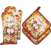Arquiel Fall Pumpkin Gnome Oven Mitts and Pot Holders Sets 4Pcs, 100% Cotton Heat Resistant, Extra Long Oven Gloves Potholder for Kitchen Cooking Baking Decoration