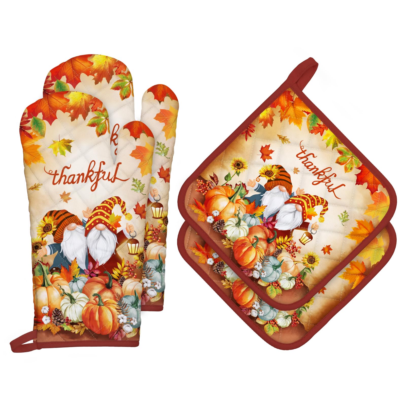 Arquiel Autumn Gnomes Oven Mitts and Pot Holders -100% Cotton, Heat Resistant Extra Long Oven Gloves & Hot Pads for Cooking BBQ Grilling Baking Gift, Set of 4