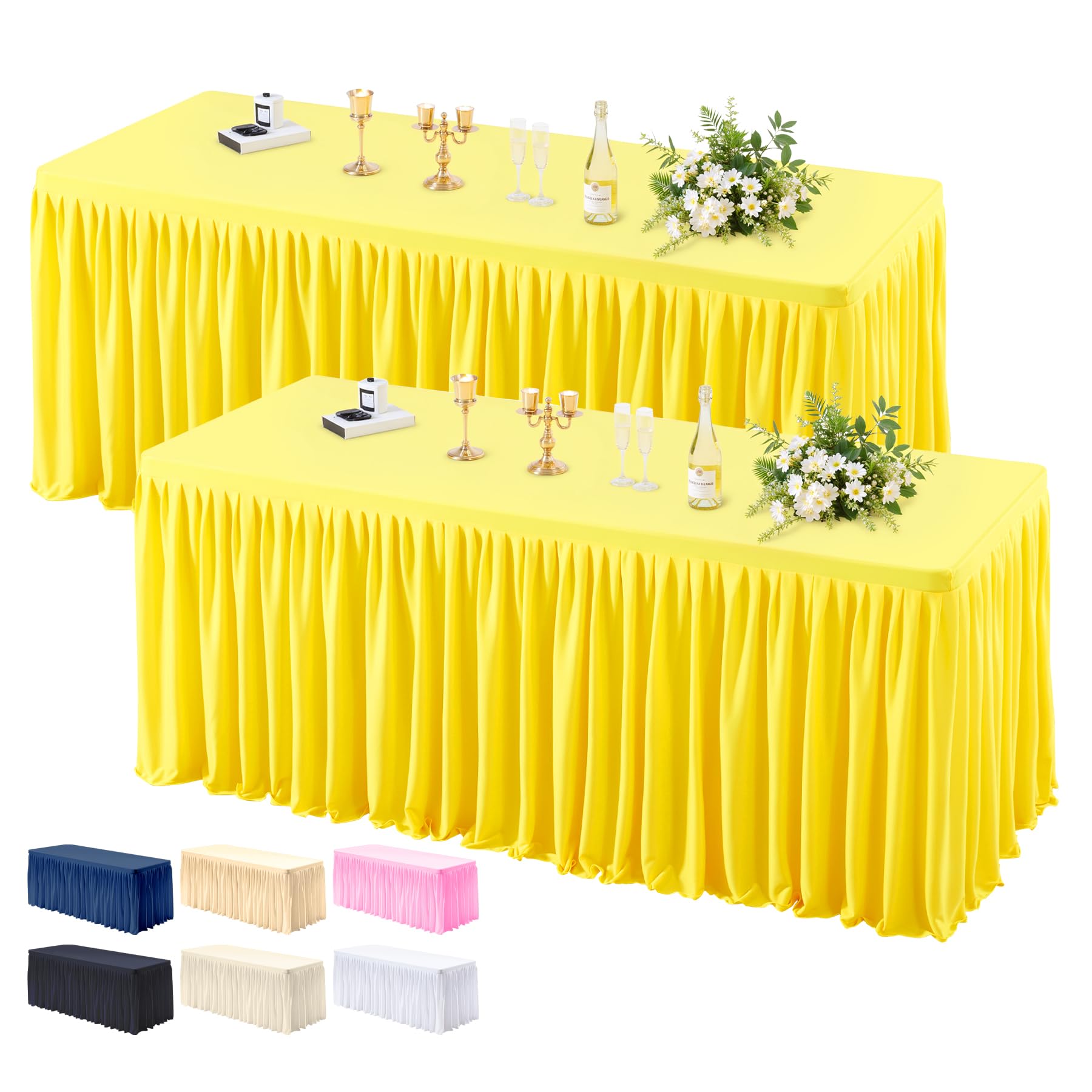 Photo 1 of 2 Pack Yellow Tablecloths for Rectangle Tables 6ft, Wrinkle Resistant Spandex Table Cover Fitted Stretch Table Cloth with Pleated Ruffle Skirts for Party Banquet Dining Birthday Wedding