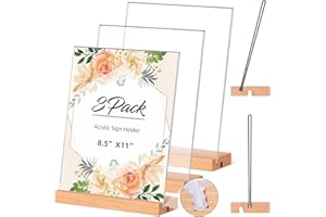 Acrylic Sign Holder 8.5x11, Clear Table Display Stand With Wooden Base, L Shape Slant Back Design Acrylic Frame Plastic Paper