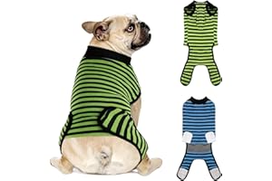 QUEARN Dog Recovery Suit, 2 Packs, Breathable Cotton, Abdominal Wounds Protection, Anti-Licking Onesies for Male Female Pets, Surgery Bandages, Size S, Blue & Green Stripes