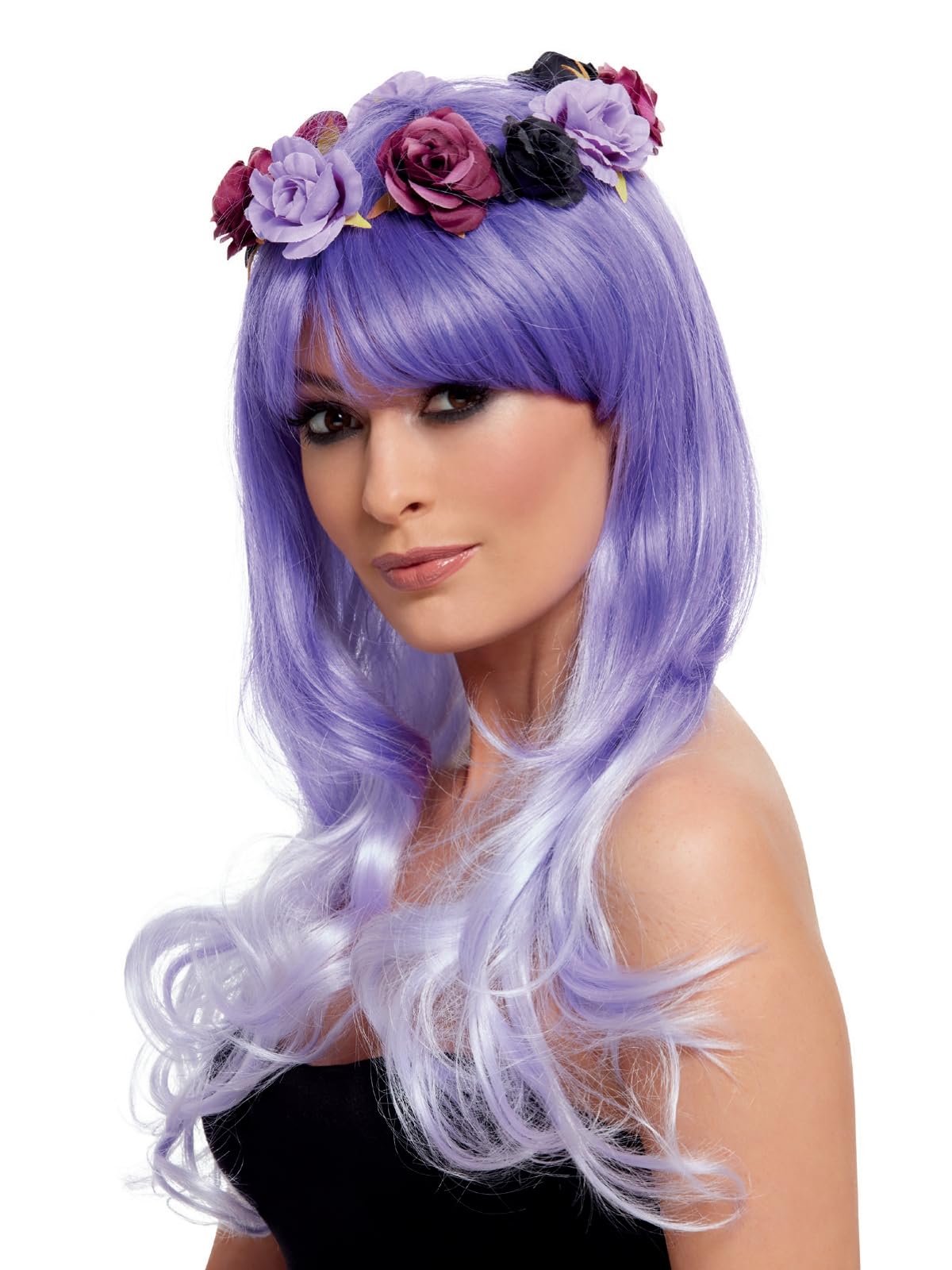 Smiffys Deluxe Day of the Dead Glam Wig, Purple with Flowers, Mexican Day of The Dead/Sugar Fancy Dress, Halloween Dress Up Wigs