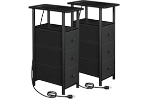 LOAKEKEL Narrow End Tables Living Room Set of 2 with Charging Station, Skinny Side Table with Fabric Drawers, Slim Nightstand for Bedroom, Small Spaces, Couch, Black, HETNDP03BK
