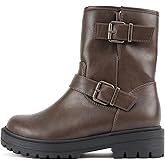 Soda “Kicker” ~ Women Moto Bootie Round Toe Buckle Straps Mid-Calf with Side Zipper