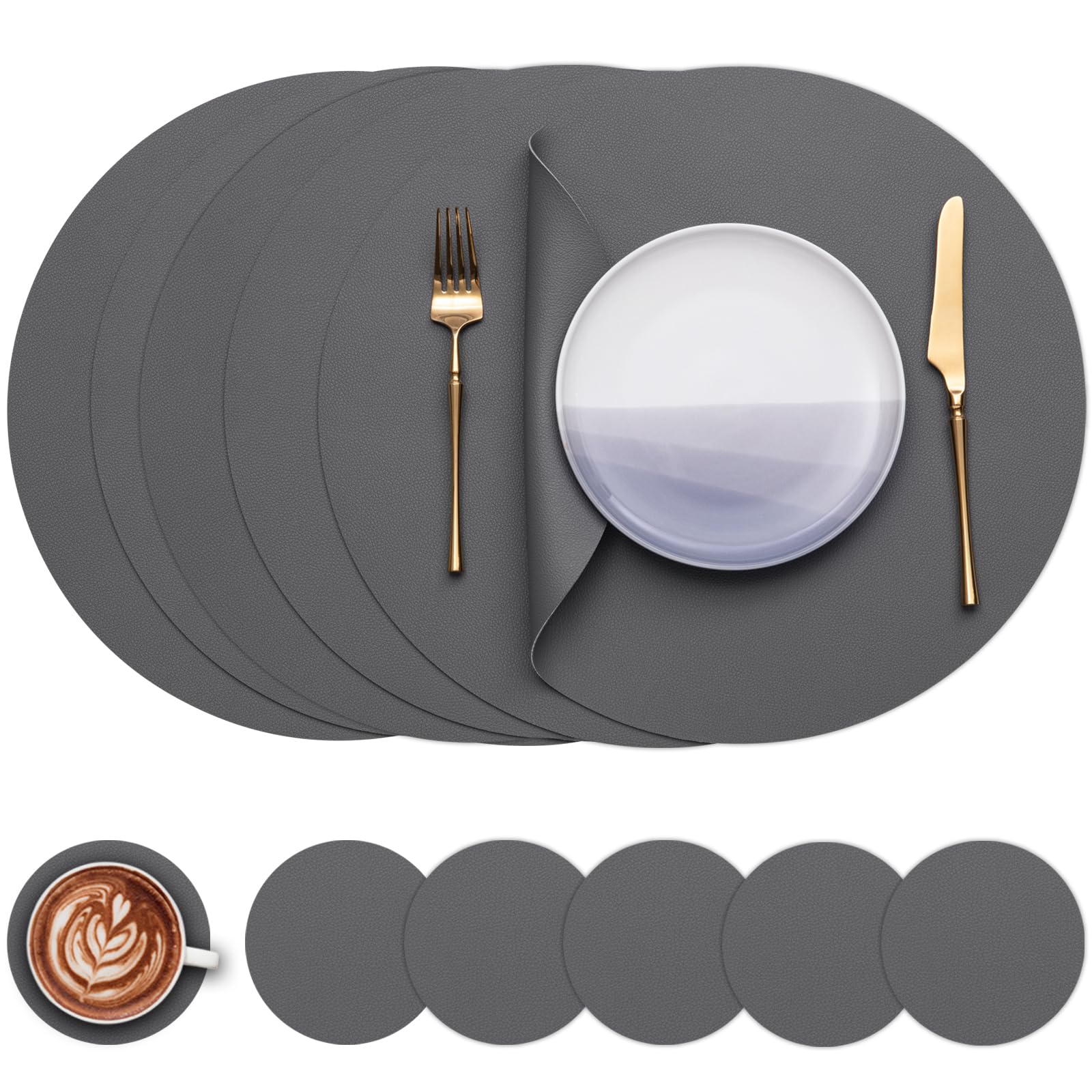 Myir JUN Round Table Placemats Set of 6 Faux Leather Place Mats and Coasters 15 inch Round Dual Sided Placemats Non-Slip Wipe Clean Stain Resistant (Gray Gray,Set of 6)
