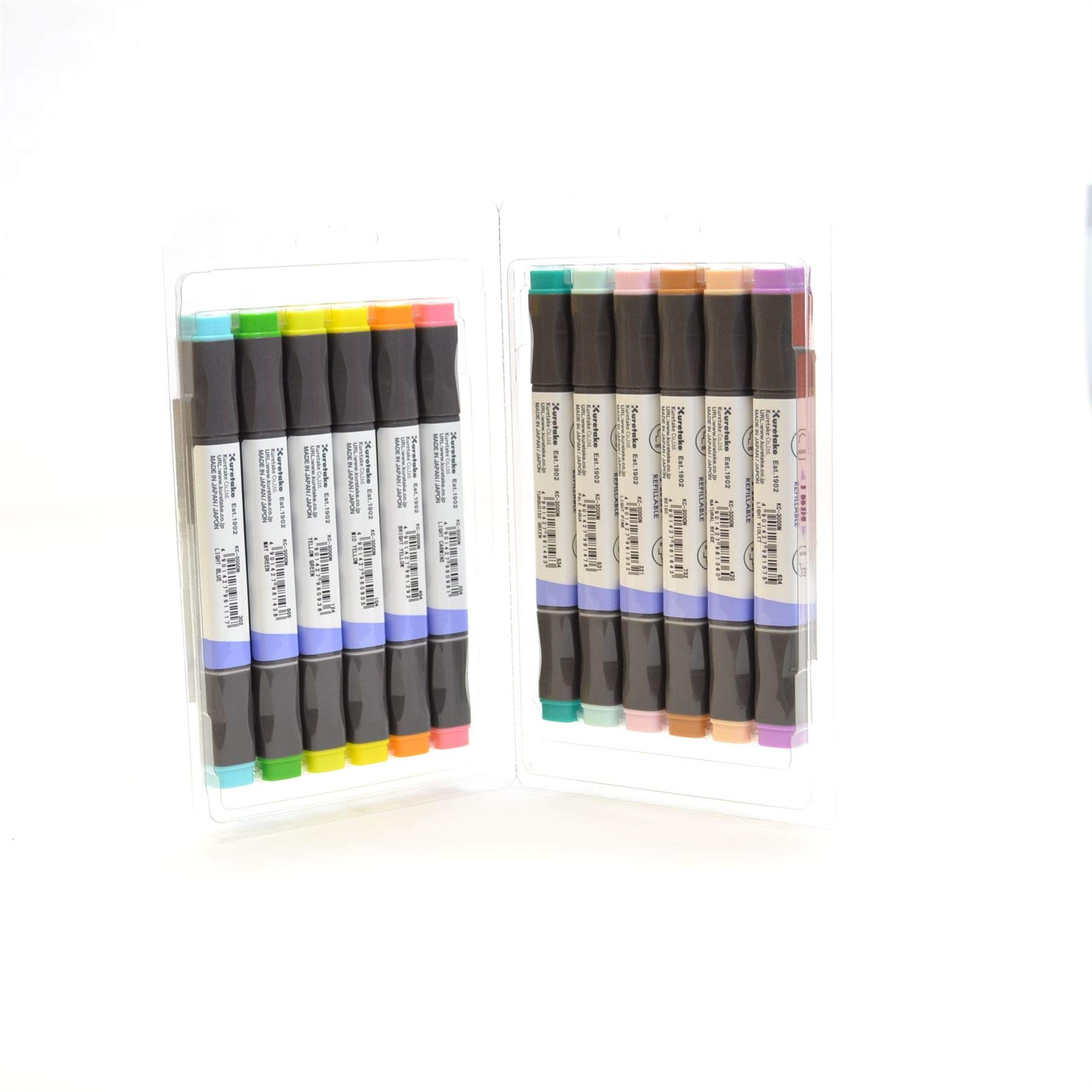 Zig KC3000N12B3 Kurecolor Natural Twin Ws Marker Set - 6.5mm & 1mm, Set of 12, Twin Tip