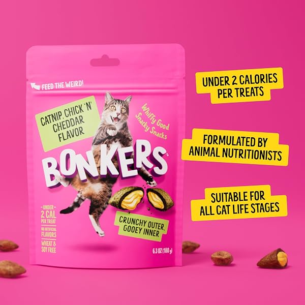 BONKERS CAT BITES, CRUNCHY & SOFT CHICK N’ CHEDDAR! FLAVOR, LOW CALORIE, TRAINING OR FOOD TOPPER, 6.3 OZ / 180G RESEALABLE BAG FOR ALL BREEDS AND AGES