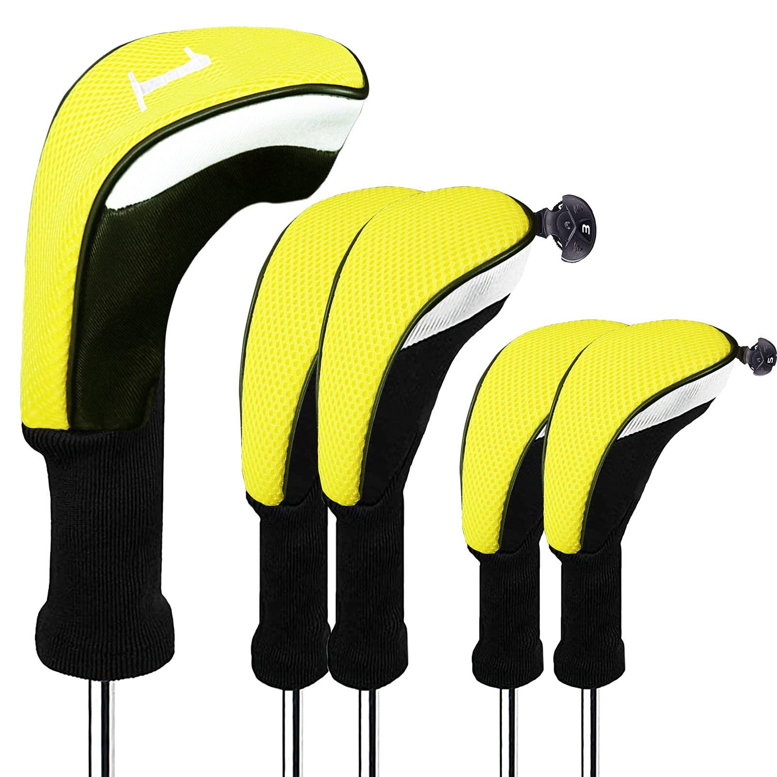 FINGER TEN Golf Club Head Covers for Woods Long Cover Driver Hybrid Fairway, Headcovers with Interchangeable No. Tag Novelty Durable Fit Woods Clubs (Yellow-5 pack (1 Driver& 2 Fairway&2 Hybrid))