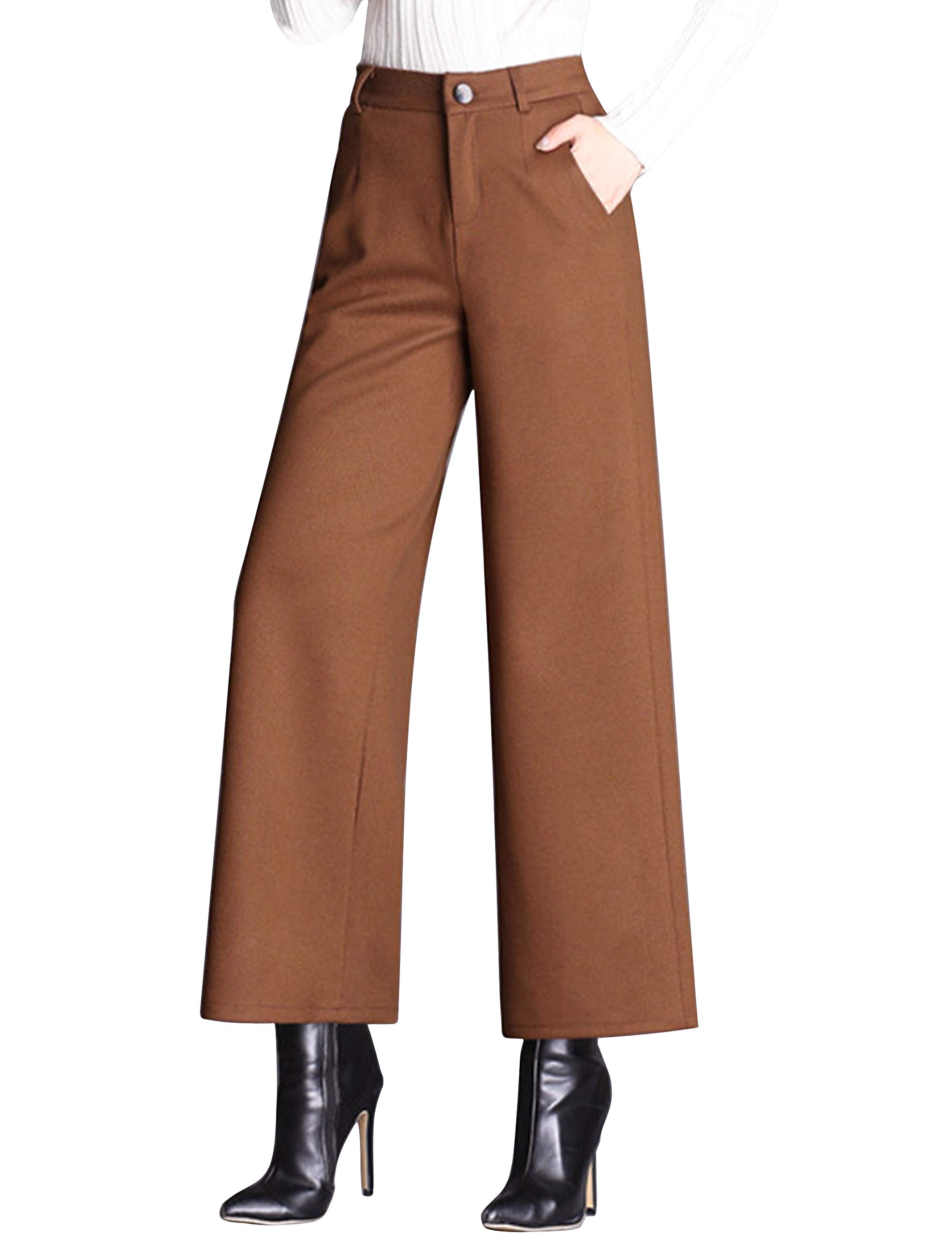Photo 1 of Tanming Women's Casual High Waist Trousers Wool Blend Cropped Wide Leg Pants (Large, Brown)