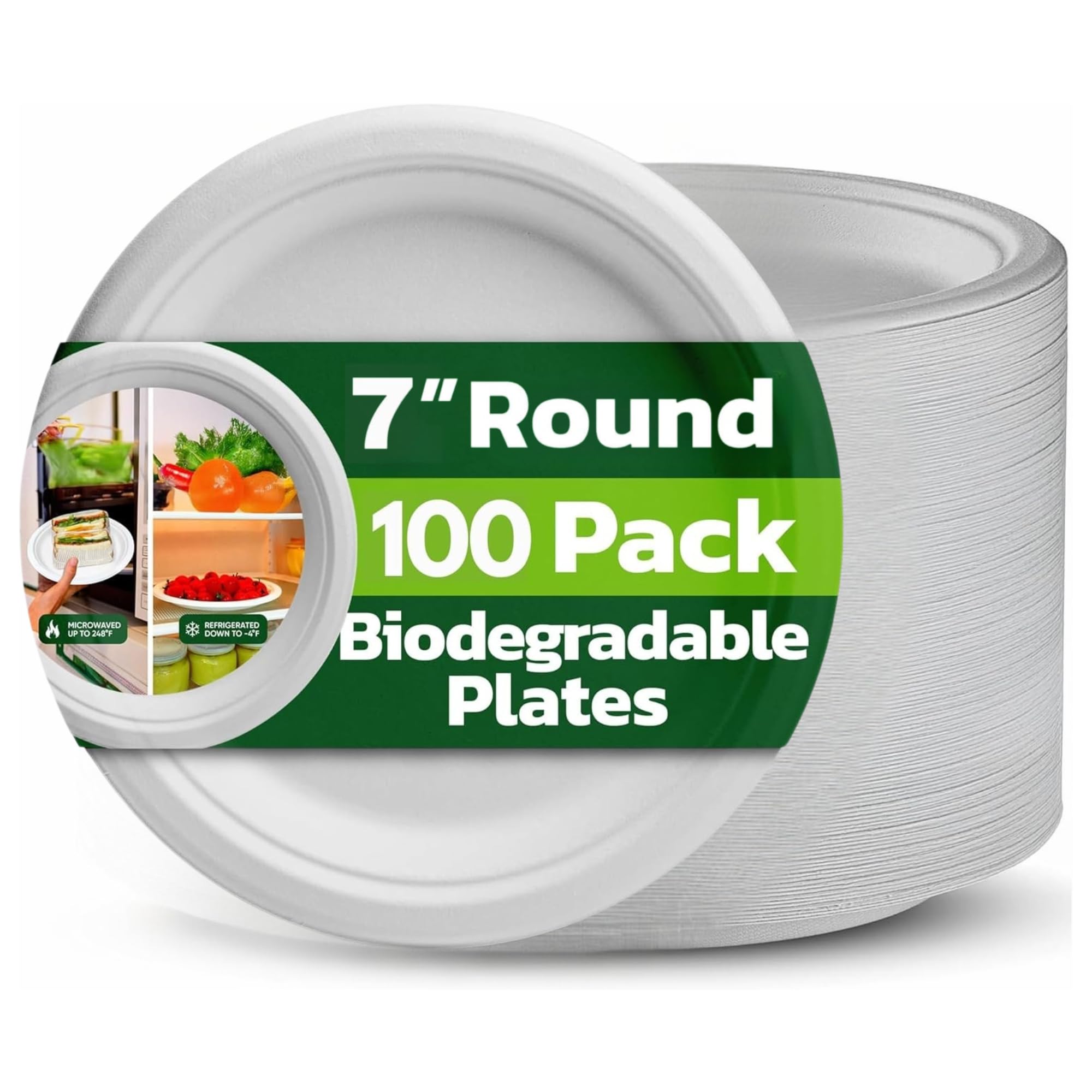 Ask Packaging Strong Paper Plates (7 Inch - 100 Pack) 100% Compostable Disposable Bagasse Plates - Heavy Duty Eco-Friendly Biodegradable Sugarcane Plate for Parties – Microwave & Freezer Safe — image 1
