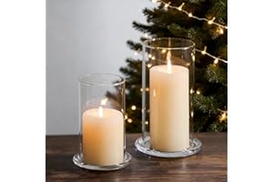 NUPTIO Hurricane Candle Holder for Centerpiece: Set of 2 Clear Pillar Candleholders with Open Ended Cylinders - Glass Candle Plates with Chimneys for Home Party Wedding Table Decor