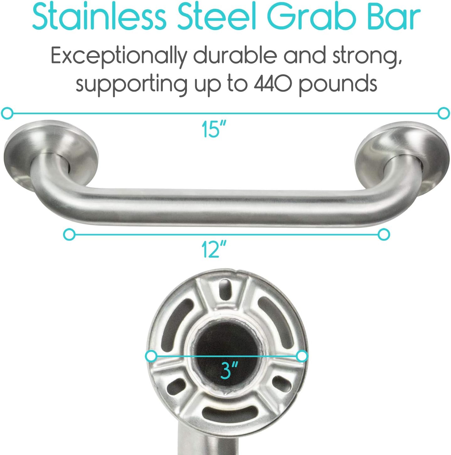 Vive Metal Grab Bar - Balance Handrail Shower Assist - Bathroom, Bathtub Mounted Safety Hand Support Rail - Stainless Steel Wall Mount for Handicap, Bath Handle, Elderly, Disabled, Injury (12 Inch): Health & Personal Care
