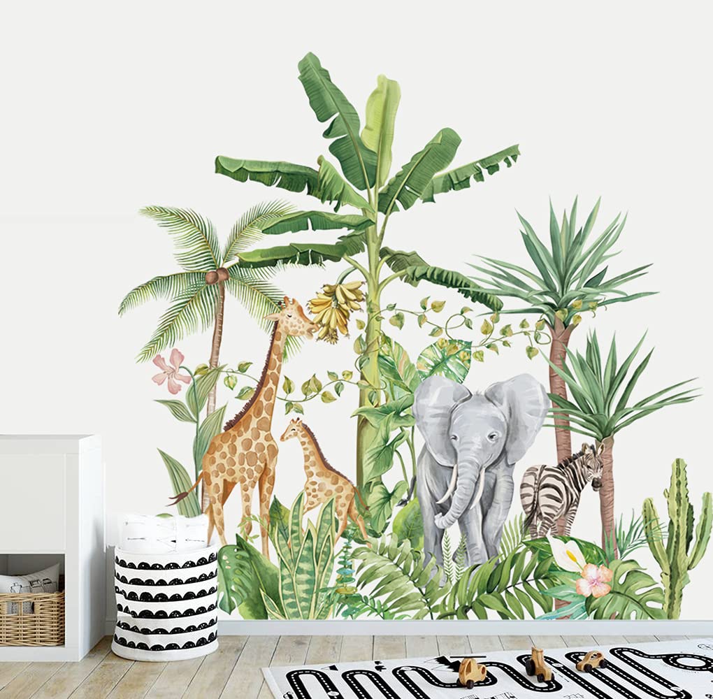 Runtoo Tropical Jungle Animal Wall Decals Giraffe Elephant Plants Wall Stickers Kids Room Bedroom Wall Decor