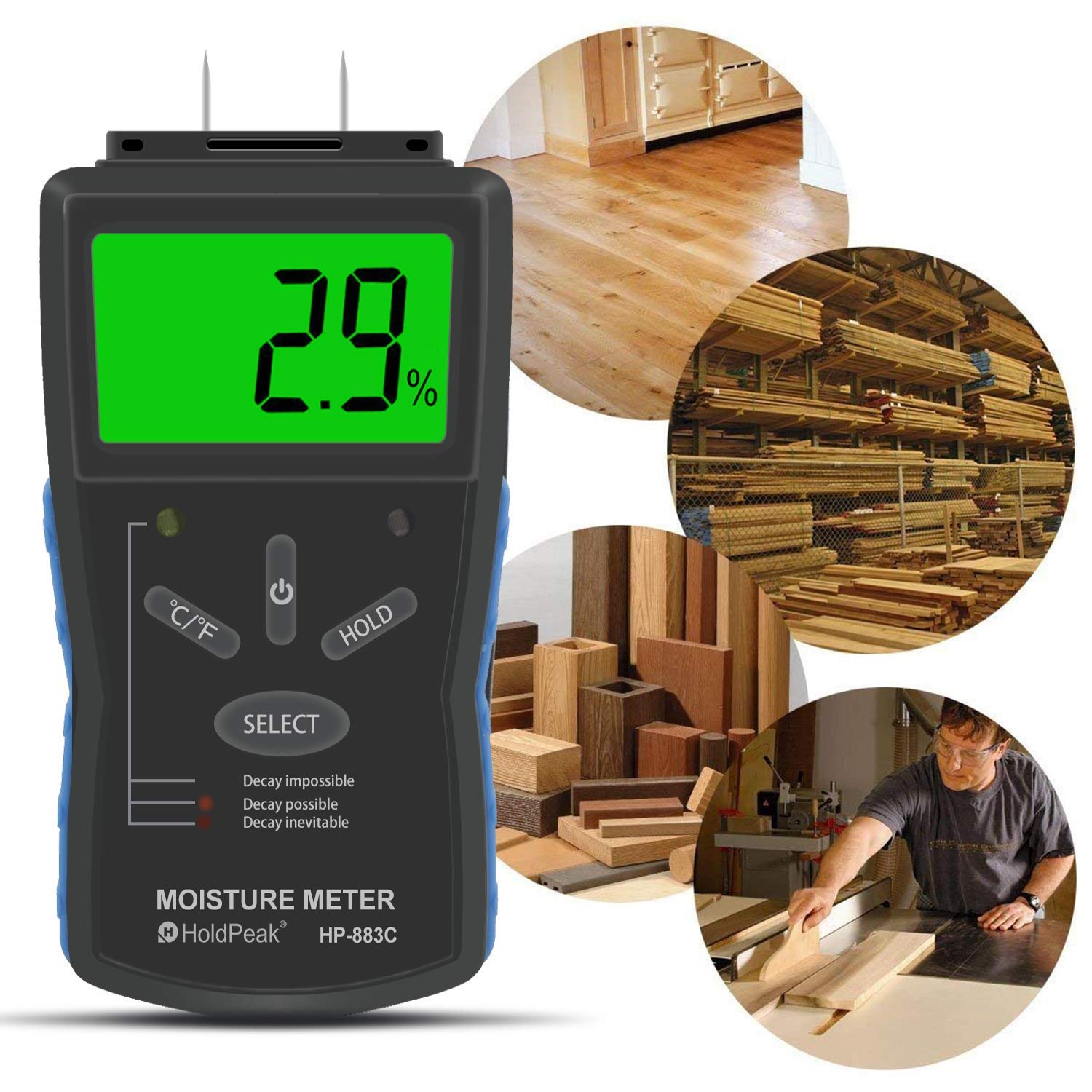 Digital Wood Moisture Meter, HOLDPEAK 883C Handheld LCD Moisture Tester