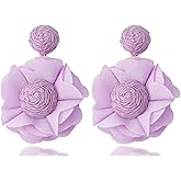 Bohemian Flower Dangle Earrings for Women,Handmade Rattan Woven Drop Earrings for Summer Beach,Colorful Boho Floral Chiffon Earrings Flower Petal Earrings