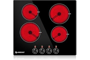 AMZCHEF 24 Inch Bulit-in Electric Cooktop, 240/6400W 11 Power Levels Ceramic Electric Stove with Knob Control,Residual Heat Indicator.
