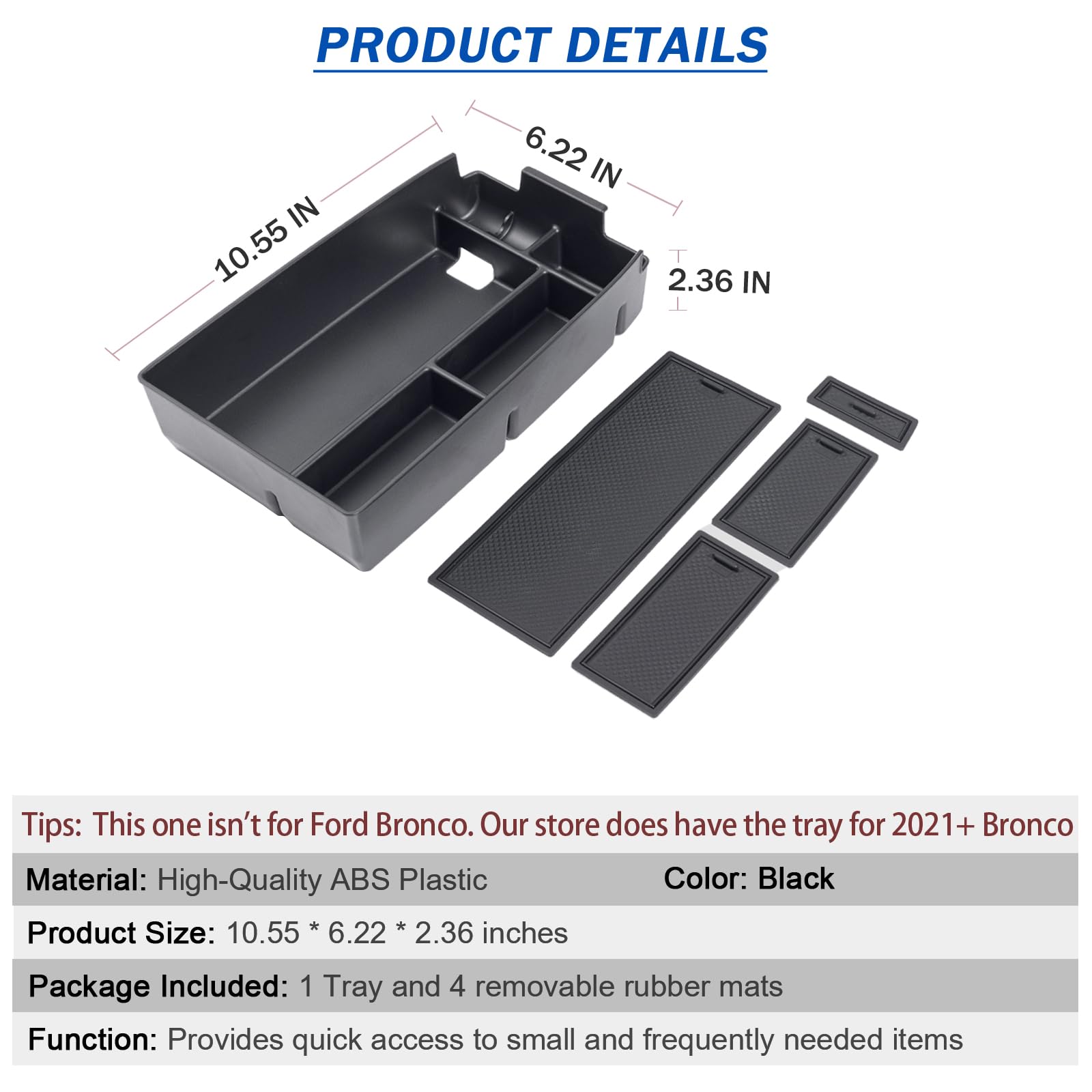 TOPINSTALL Center Console Organizer Compatible with Bronco Sport 2021-2025/Ford Escape 2020-2025 Accessories, Armrest Box Long Compartment Storage Tray Coin Container-Black