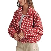 Keeliya Womens Checkered Sherpa Jacket Cropped Long Sleeve Plaid Fleece Coats Casual Zip Up Gingham Outwear with Pockets