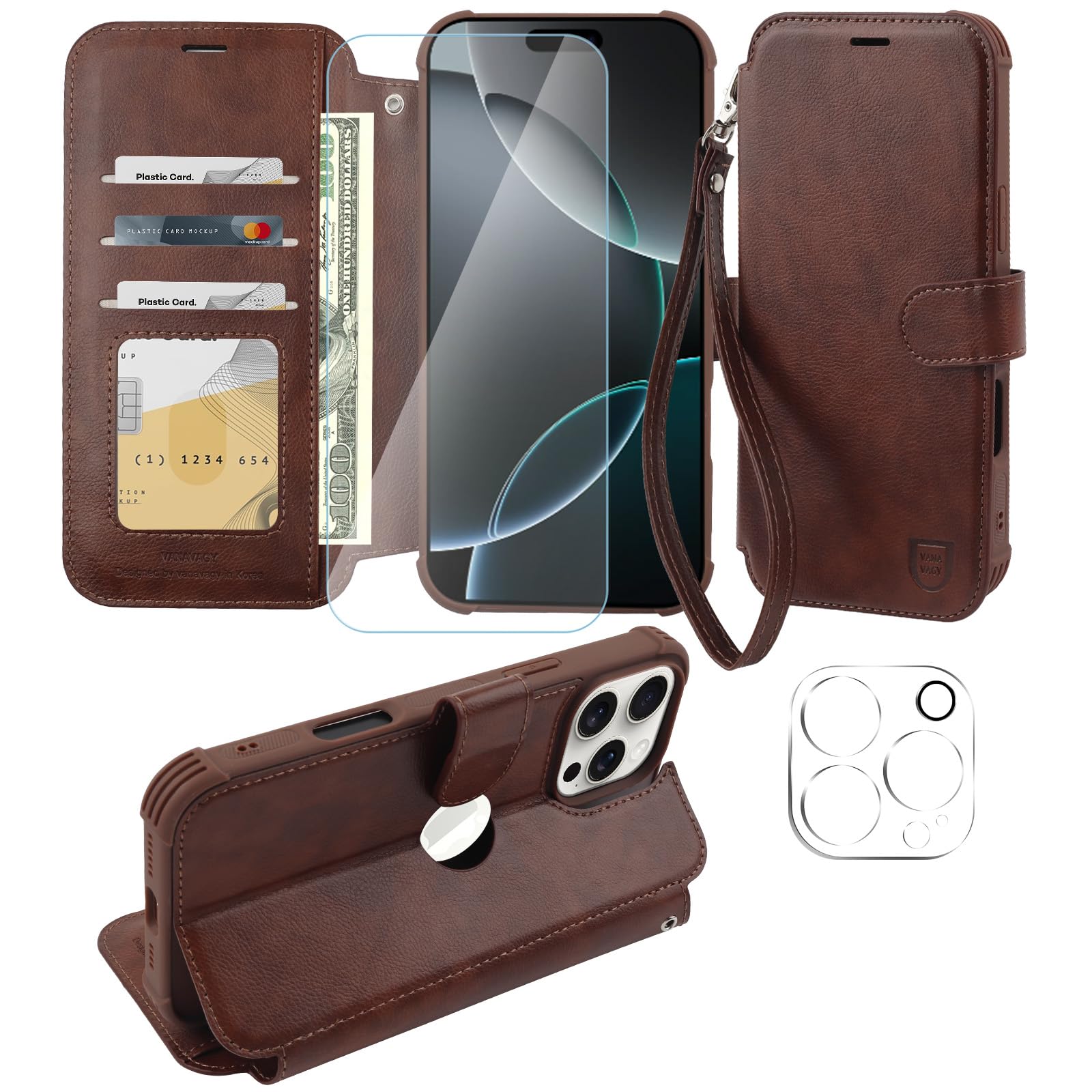 VANAVAGY Compatible for iPhone 16 Pro Max Wallet Case, 12ft Drop Protection, RFID Blocking PU Leather Flip Cover, Card Holder & Kickstand, Shockproof Phone Case for 16 Pro Max-6.9 Inch,Brown