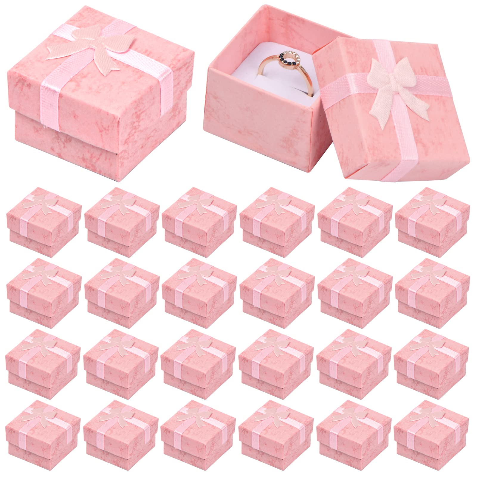 Catime 24 Pcs Jewelry Gifts Boxes, Paper Ringbox, Small Gift Boxes with Bow-Knot, Square Jewelry Display Box for Necklaces Earring Ring Packaging Box, 4x4x3cm (Pink)