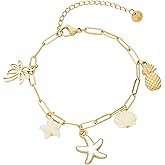 WASAIE Boho Summer Starfish Sea Shells Coconut Tree Pineapple Pendant Charms Bracelet For Women, Seashore Ocean Holiday Stainless Steel Chain Surfer Jewelry Bracelet Adjustable