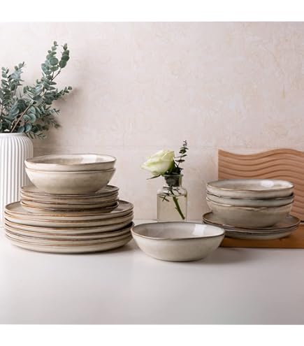 TheTerra Set Stoviglie In Ceramica 12 Pezzi Per 4 Persone – Piatti E Ciotole Fatte A Mano Con Smalto Reattivo – Adatti A Microonde E Lavastoviglie