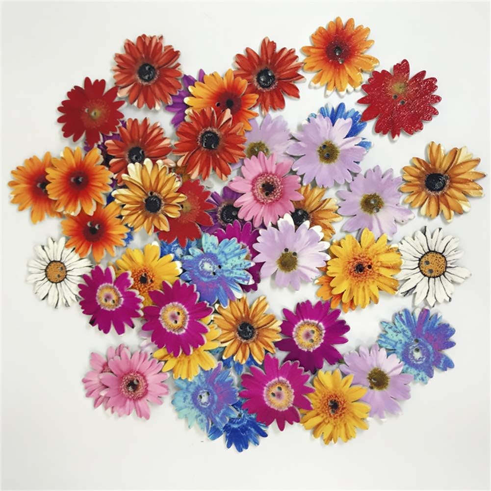 Tofover 100 Pcs Wood Buttons, Sunflower Shaped Mixed 2 Holes Buttons 1 Inch Buttons Vintage Assorted Buttons Decorative Buttons Flower Buttons Round Buttons for DIY Sewing Craft