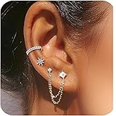 EQFE Gold Stud Earrings for Women Hypoallergenic Flat Back 14K Gold Cartilage Chain Earrings Stacks Sets for Multiple Piercing Surgical Steel CZ Huggie Hoop Earrings for Women