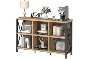 FATORRI 6 Cube Storage Organizer with Shelf, Long Wood and Metal Cubby Bookcase, Industrial Horizontal Bookshelf (Rustic Oak, 47 Inch)