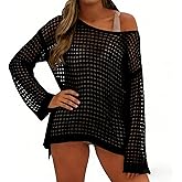 CAMNOW Womens Crochet Crop Tops Y2k Knit Shrug Sweater Hollow Out Long Sleeve Bikini See Through Cover Ups