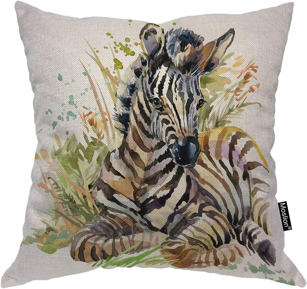Moslion Zebra Throw Pillow Case Wild Animal Watercolor Black White Striped Zebras with Grass Leaf Pillow Cover Decorative Square Cushion Accent Cotton Linen 20x20 Inch for Sofa Chair