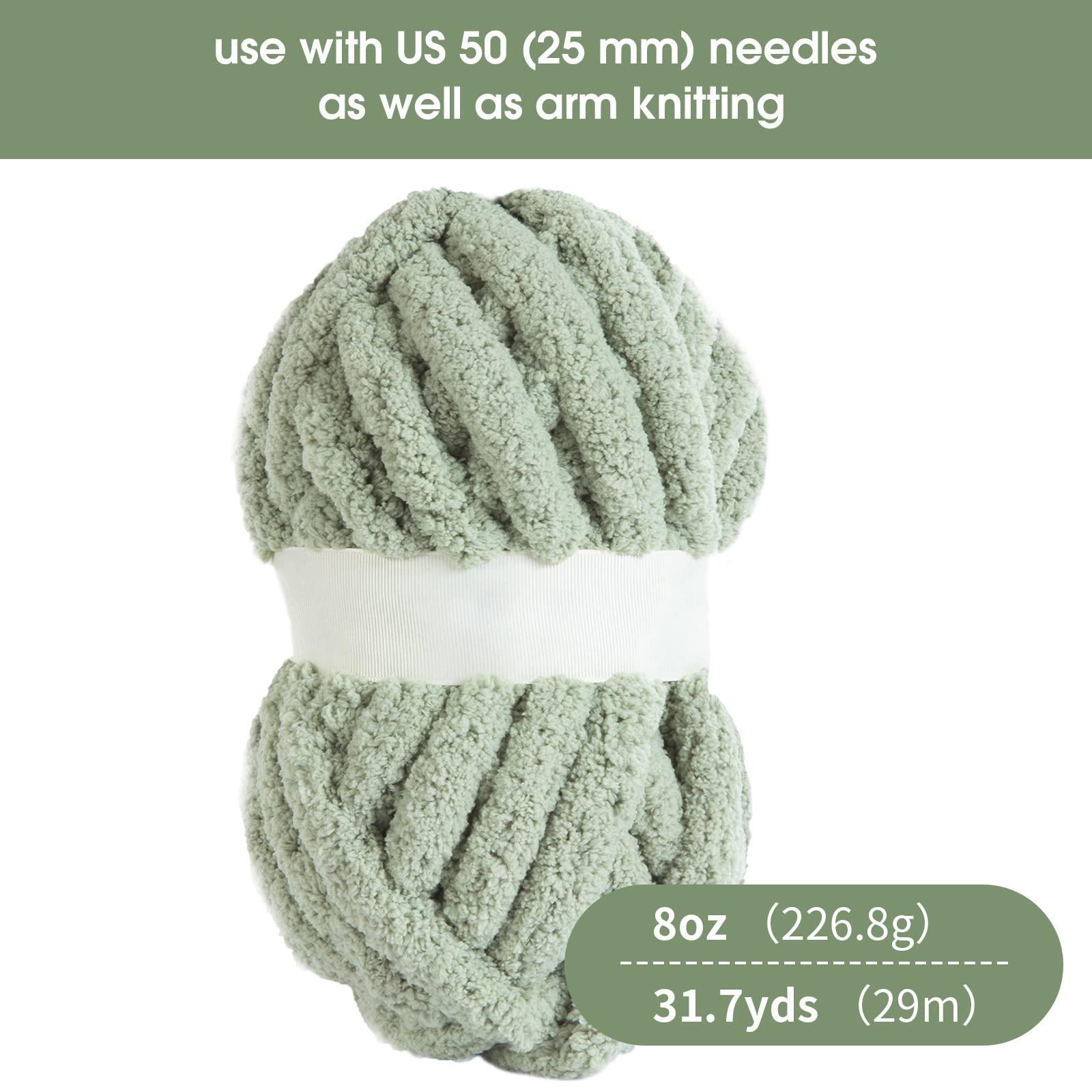 HOMBYS Sage Green Chunky Chenille Yarn for Crocheting, Bulky Thick Fluffy Yarn for Knitting,Super Bulky Chunky Yarn for Hand Knitting Blanket, Soft Plush, 8 Jumbo Pack (27 yds,8 oz Each Skein)