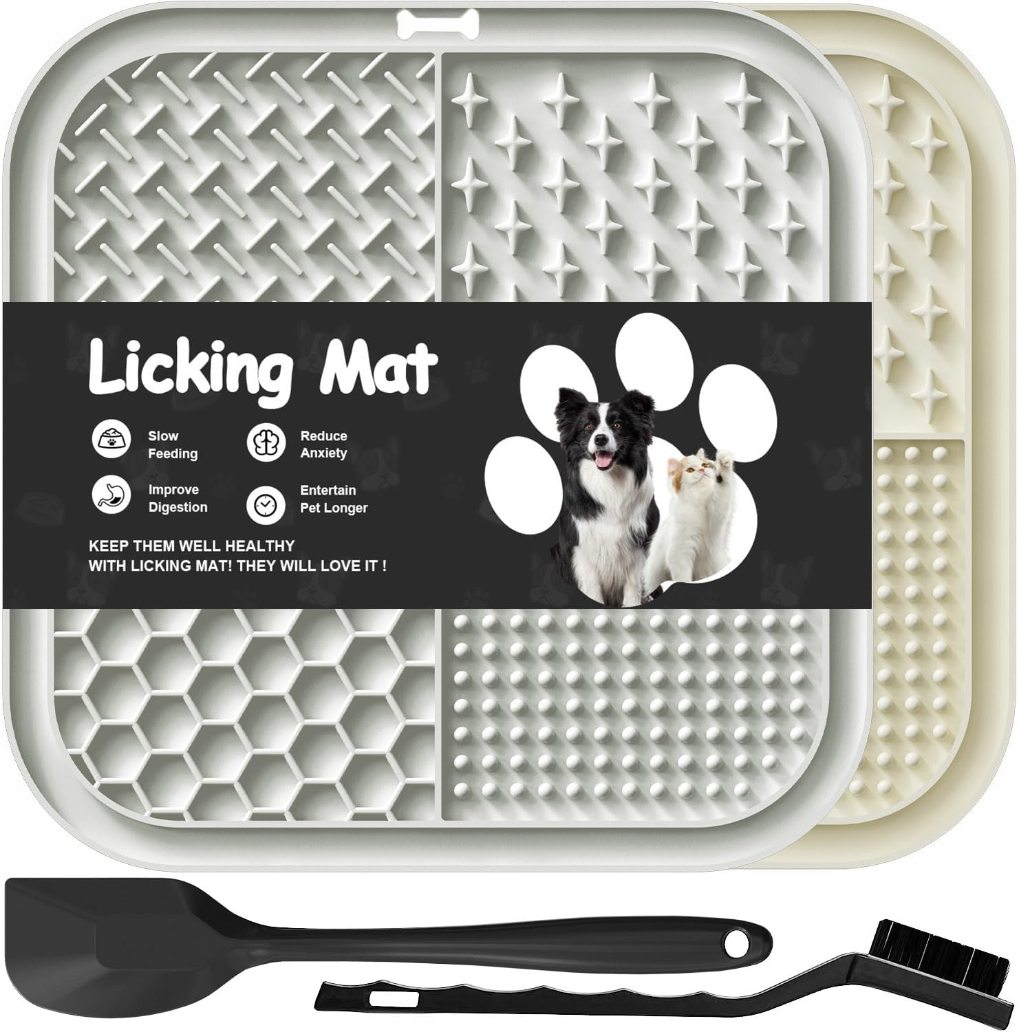 Licking Mat for Dogs Cats with Suction Cups, Slow Feeding Dog for Anxiety Relief, Dog Toys, Feeding Mat for Butter, Yogurt, Peanuts, Mat 2 Pack